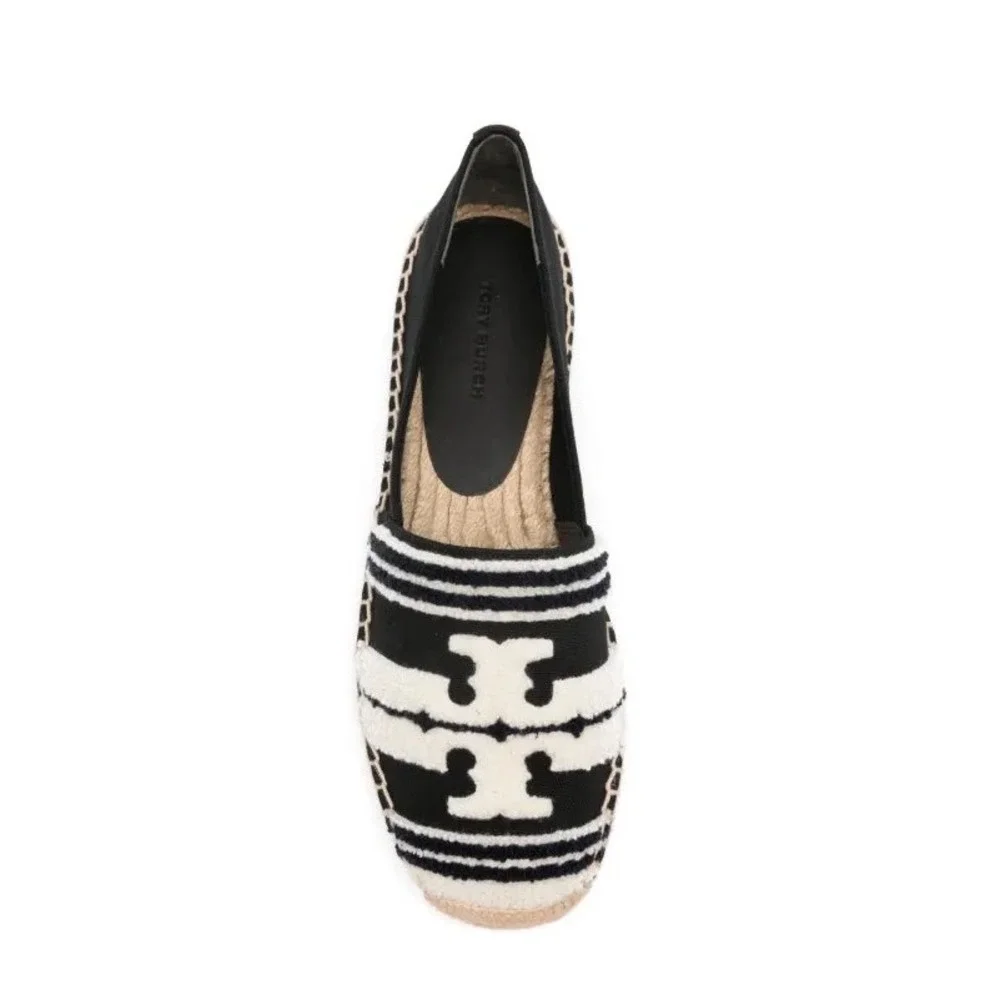 TORY BURCH Womens Double T Espadrille Flats Size 8.5 Black‎ White Stripe Casual